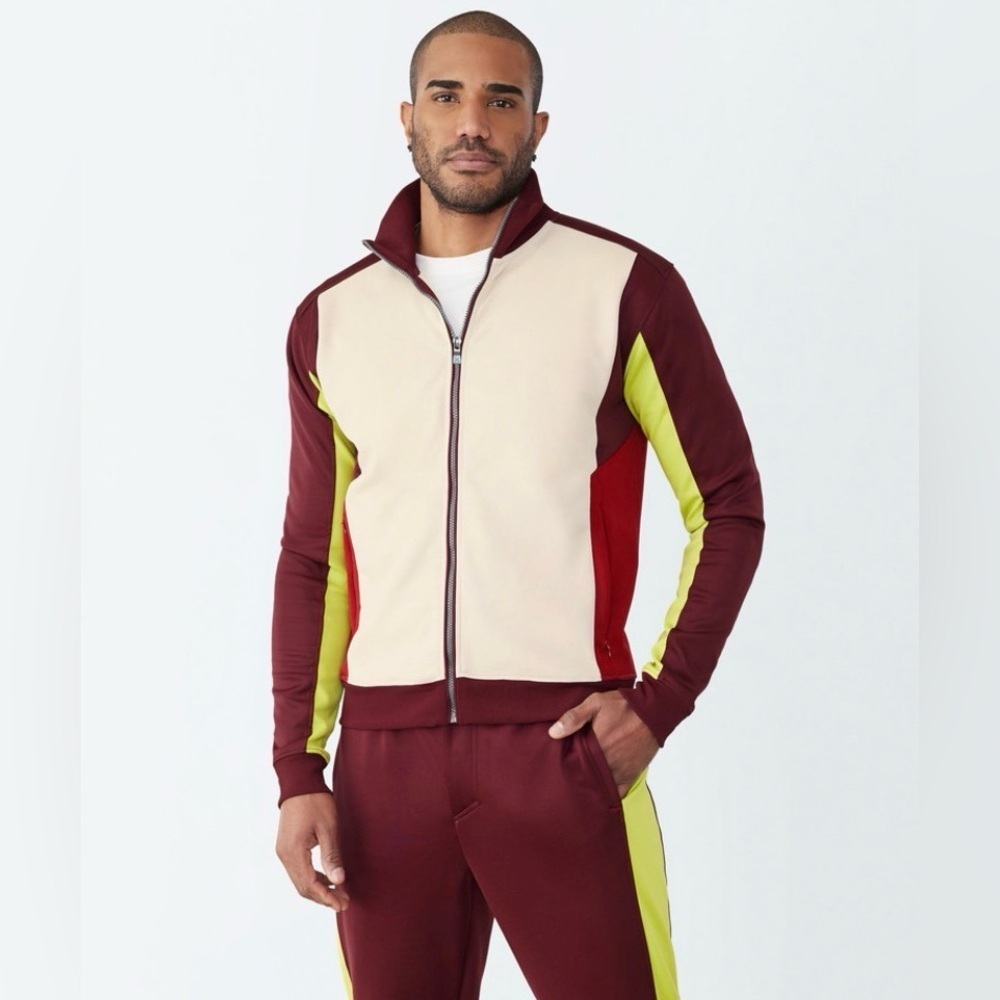 NWT GSTQ Men’s Colorblock Knit Zip-Up Jacket Cream Maroon Bright Yellow - L